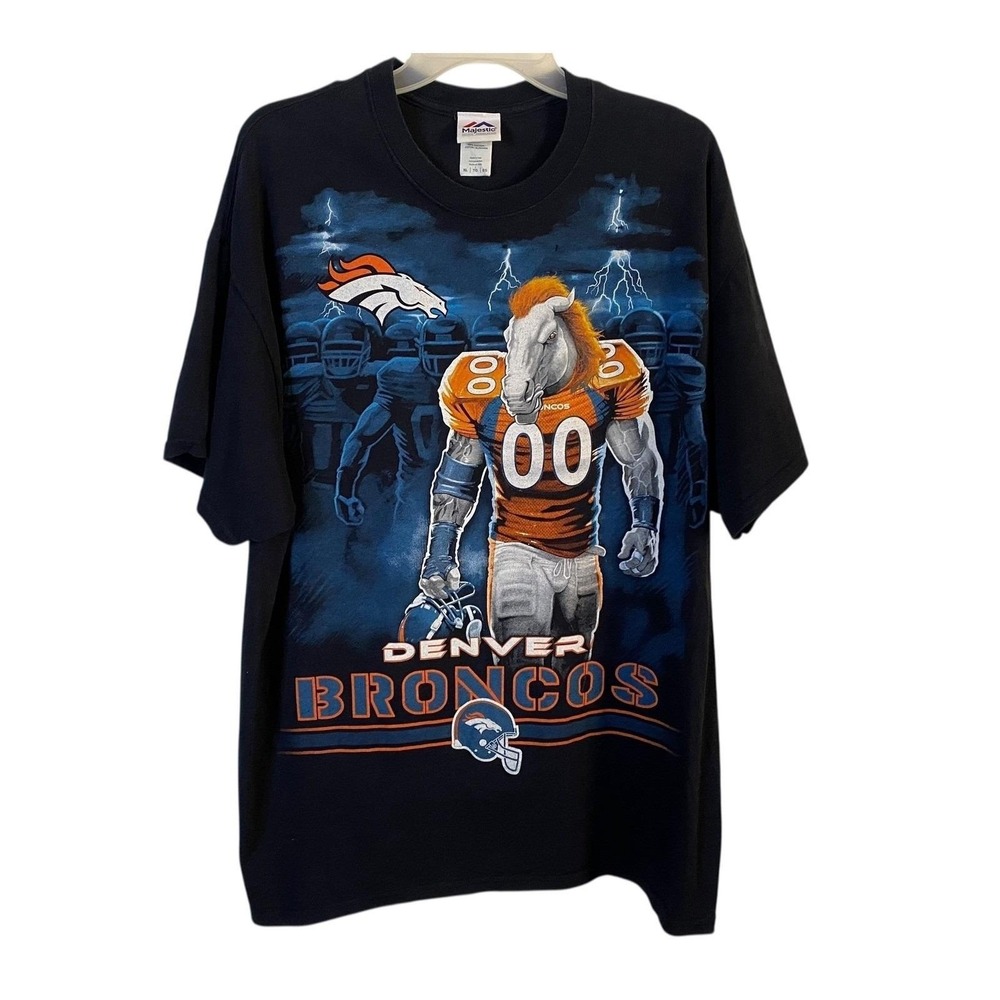Majestic Denver Broncos Graphic T Shirt Vintage Football Size XL Black